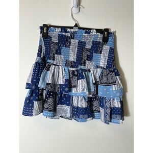 English Factory Blue Paisley Smocked Waist Ruffle Skirt Sz XS